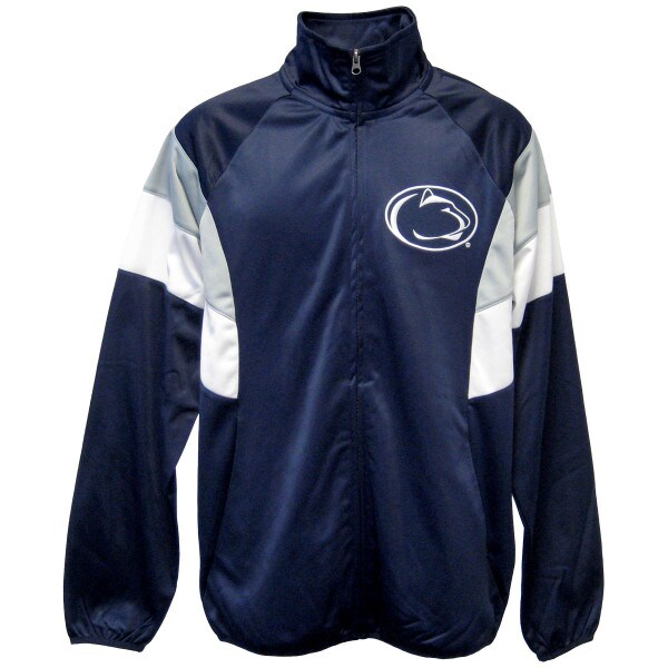 navy, white, and gray track jacket with Penn State Athletic Logo on left chest